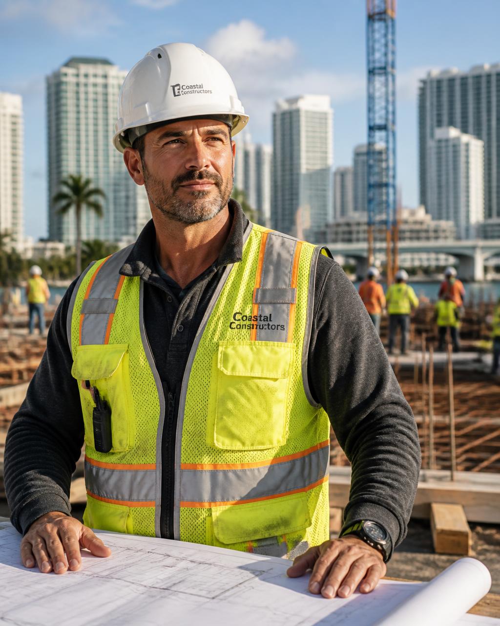 Construction superintendent on site in hard hat reviewing blueprints