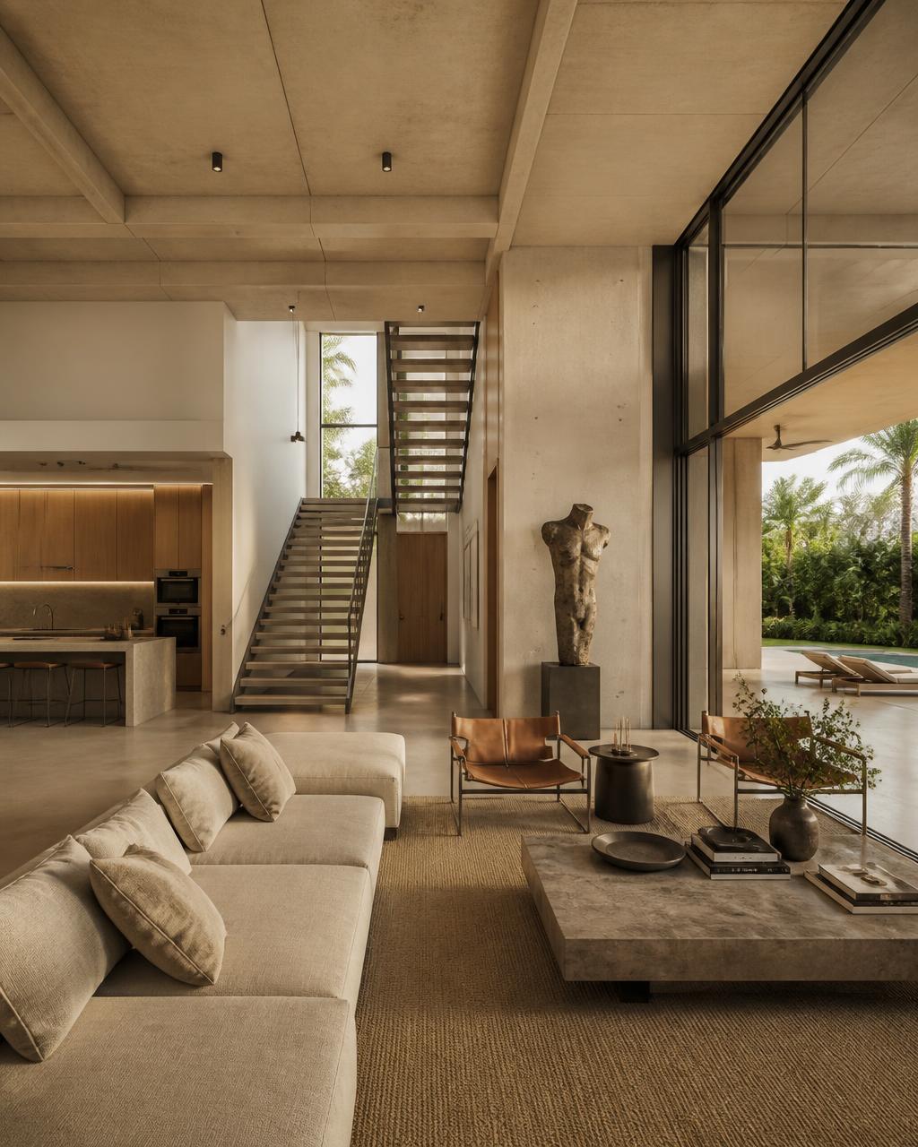 Luxury concrete residential villa interior with warm sand tones and steel detail
