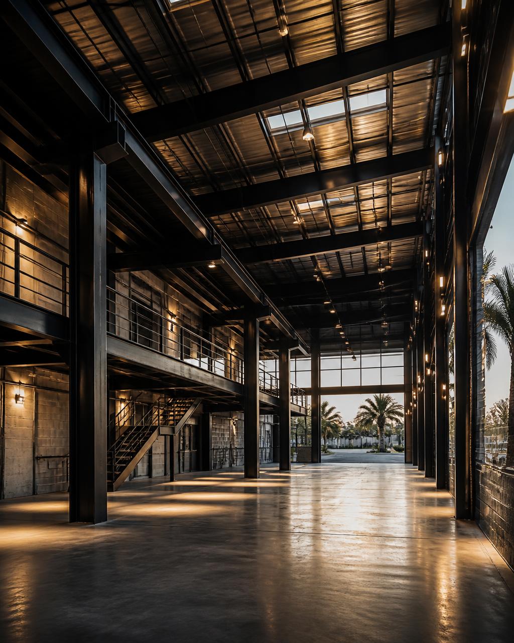 Industrial steel warehouse structure with exposed beams and warm light